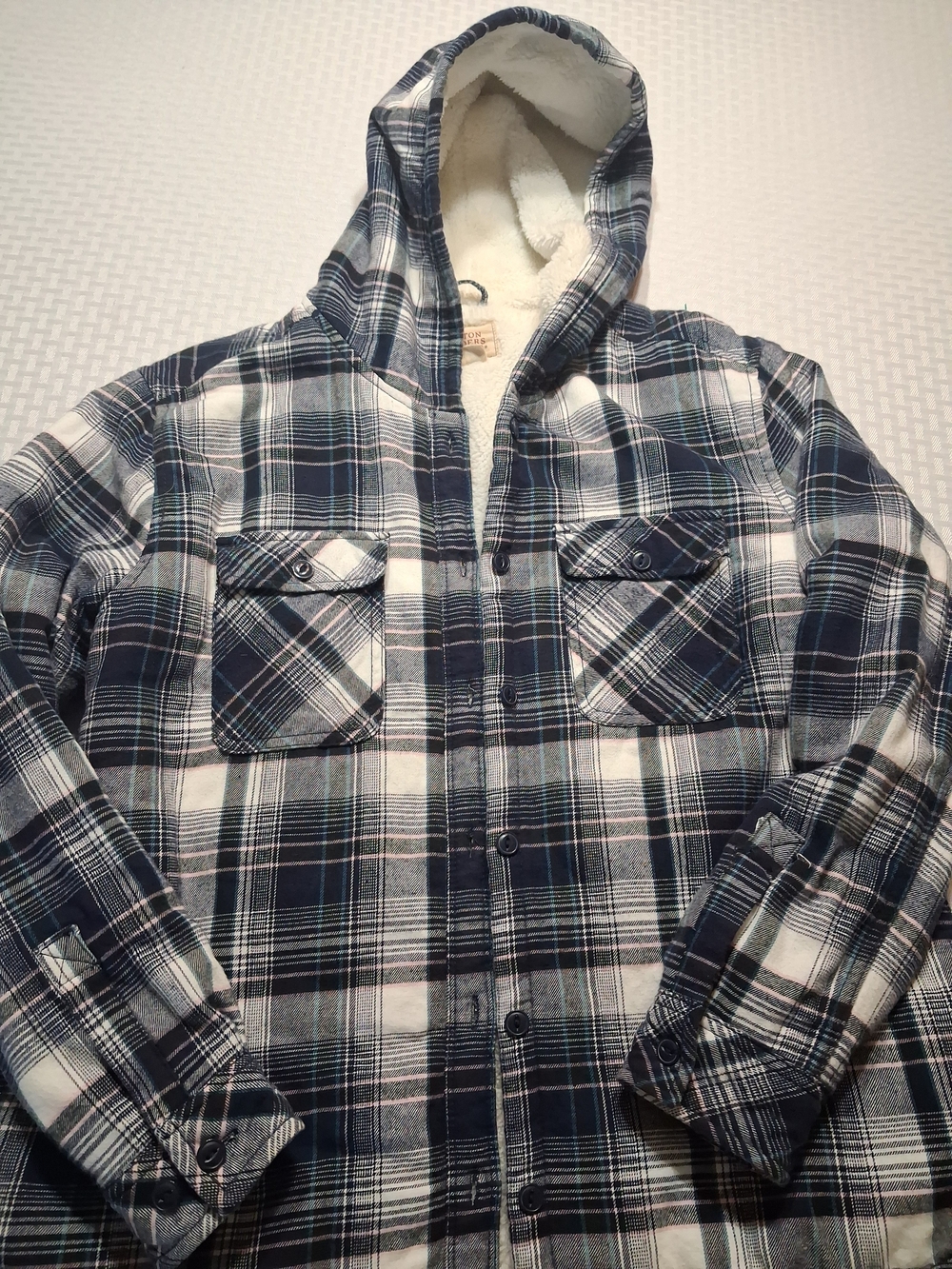 Boston Traders Navy & White Plaid Sherpa-Lined Hooded Button-Down